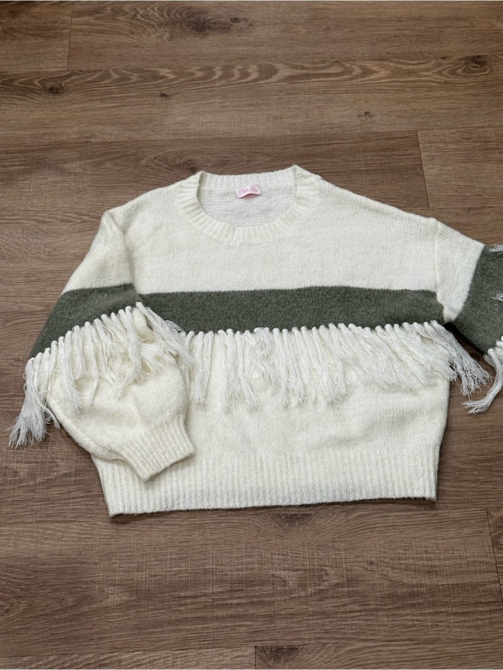 Pink Lily Fringe Sweater Ivory Olive Green Striped Boho Crewneck